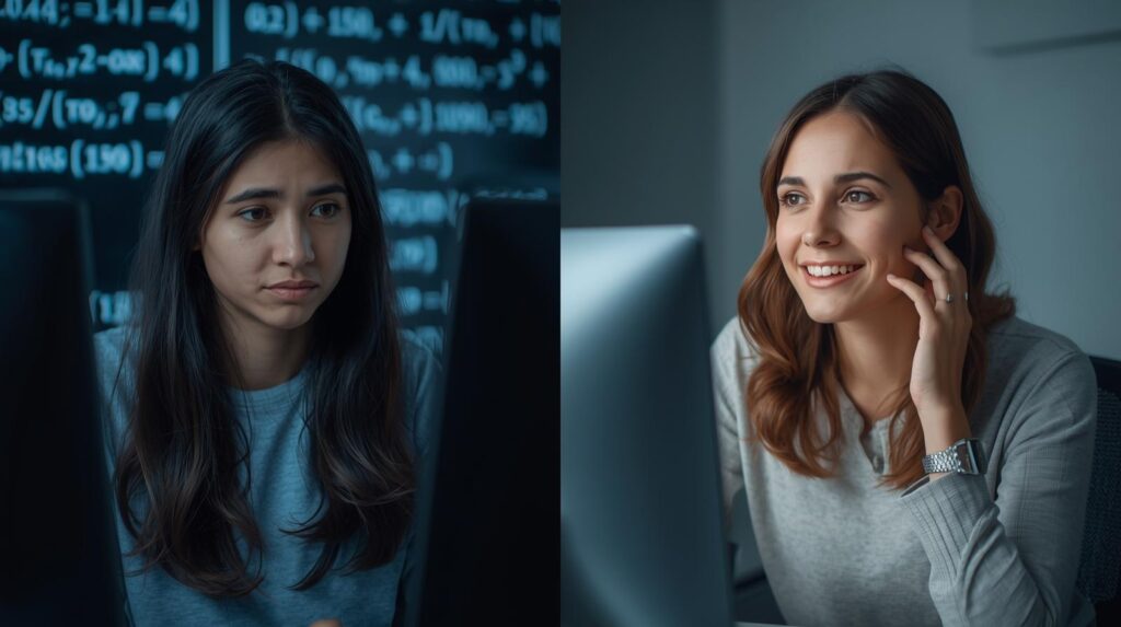 Breaking Into AI: 7 Strategies for Career Changers Without Tech Experience 10 How to Enter Job AI in 7 Steps Non Technical Backgrounds students Give a photo of worried student vs a confiendt student done a course in AI